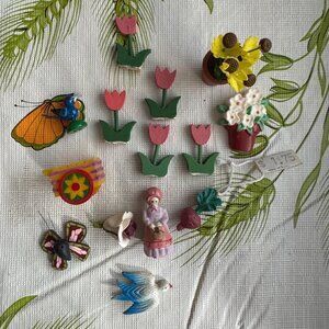 Vintage Set Of Hand-Painted Wooden Miniatures Featuring Nature-Themed Designs